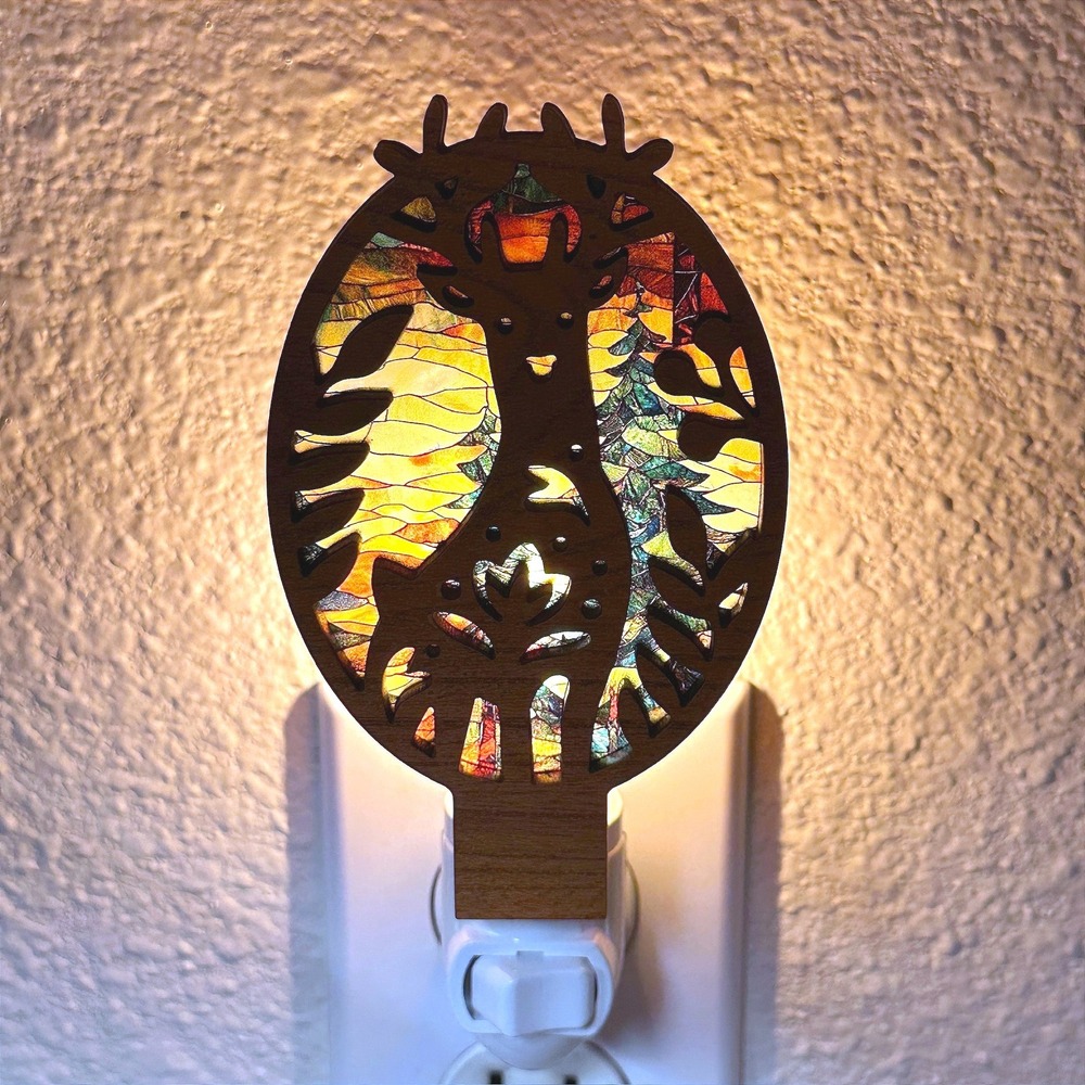 Handcrafted Wood Deer Night Light Stained Glass Style Forest LED Wall‎ Plug-In